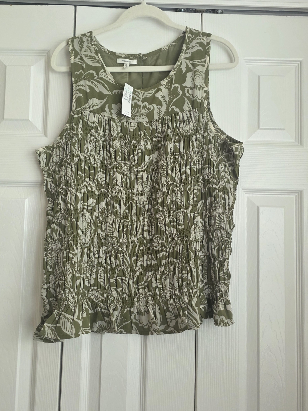 Maurices Olive and White Floral Smocked Tank 2x XXL NWT